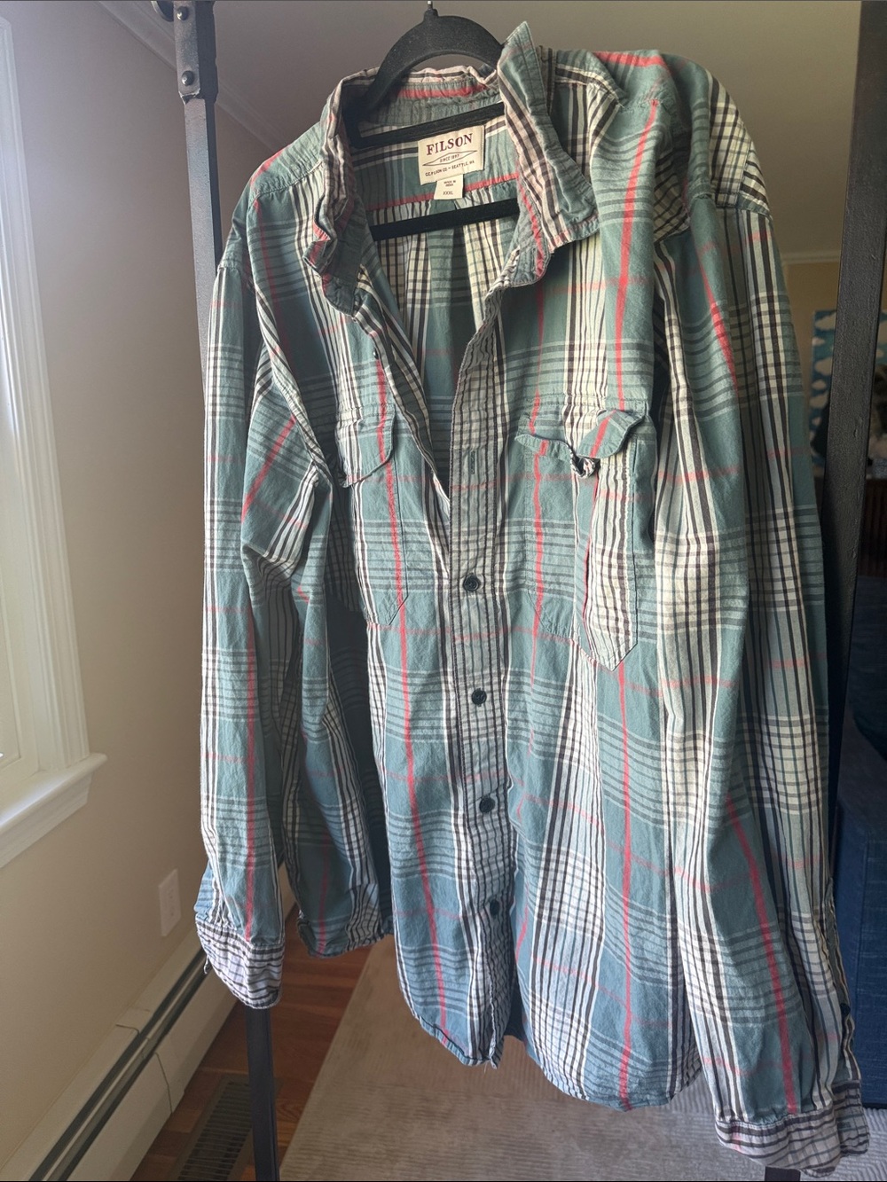 Filson Teal Plaid Lightweight Shirt with Red Stripes